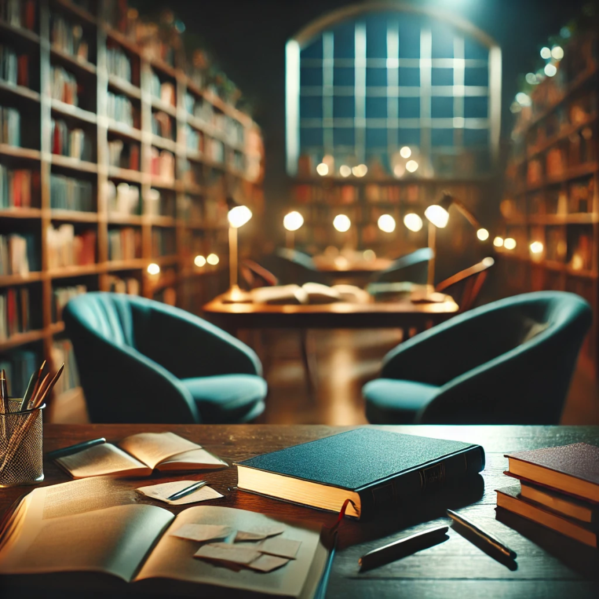 Three students sharing a quiet late-night moment at a library study table