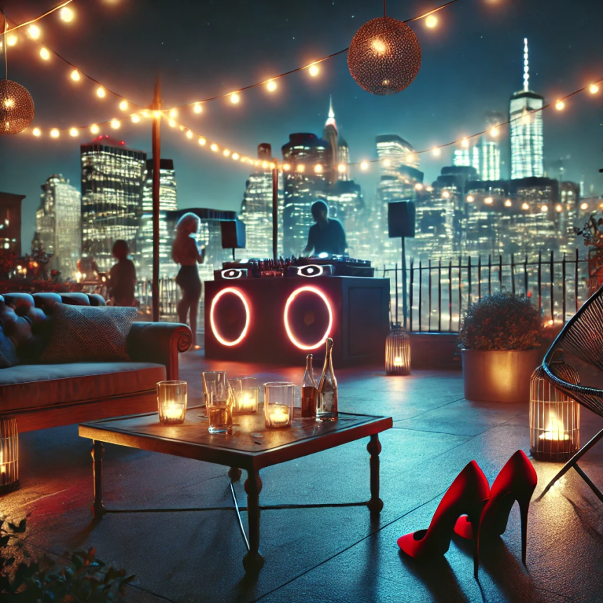 Two women dancing closely at a rooftop party above the city at night
