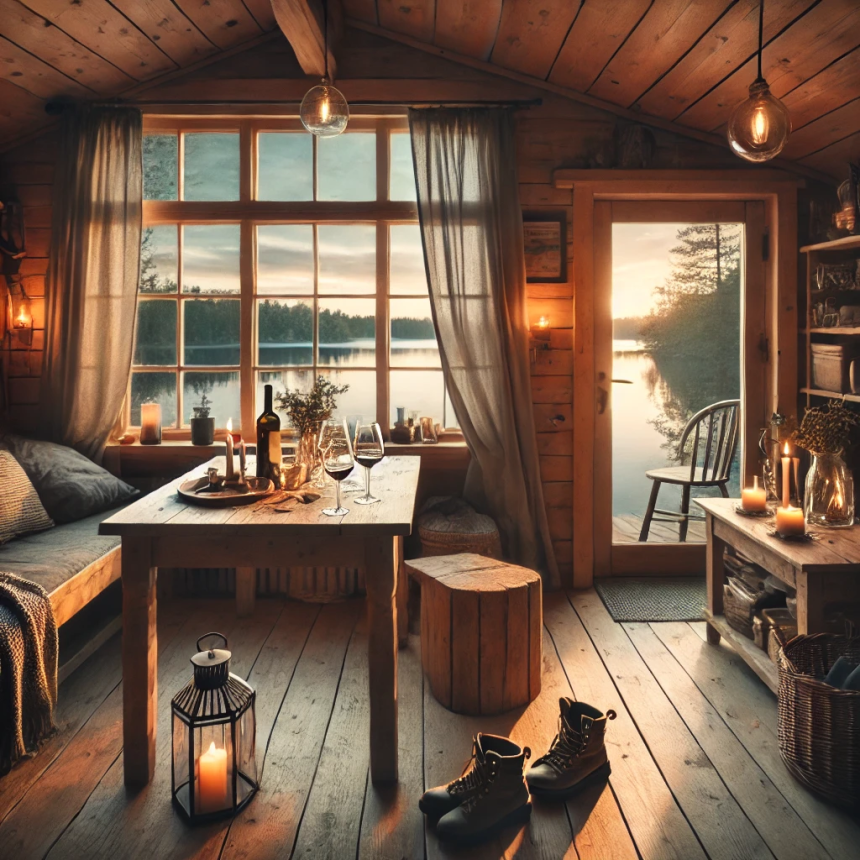 Two women walking hand in hand along the edge of a quiet lake at sunset beside a cabin