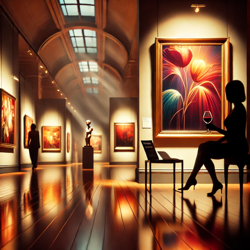 Two women standing close together in an intimate contemporary art gallery, sharing a quiet moment beside a provocative painting