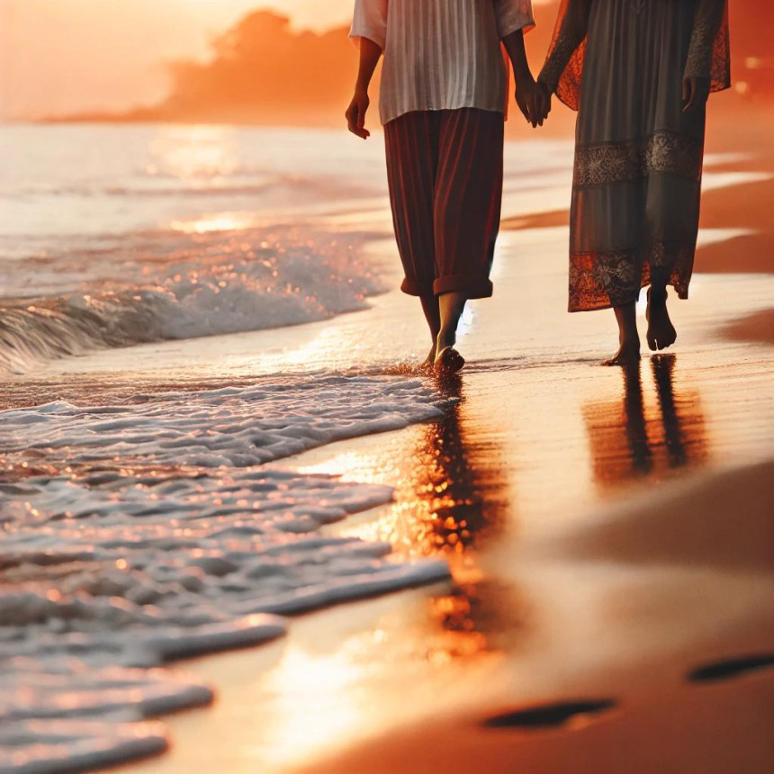 Two women walking together along the shoreline at sunset, sharing a quiet moment by the sea