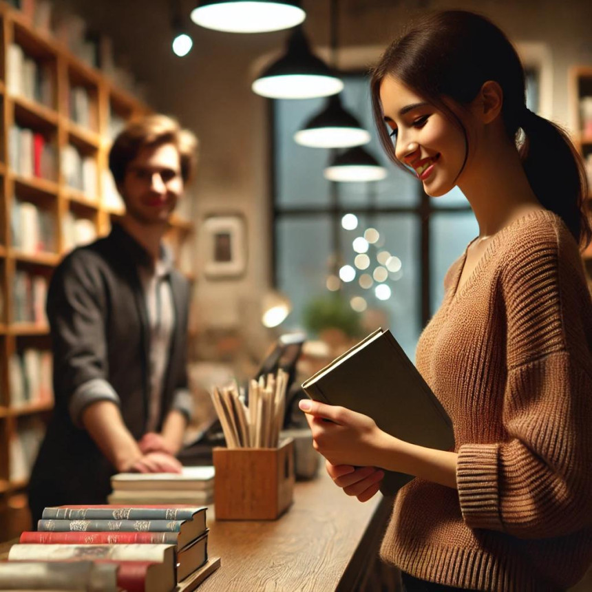 Two women in a cozy bookstore sharing a quiet moment among shelves of books