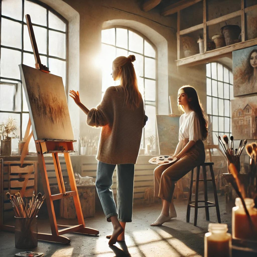 Two women in a softly lit art studio, one painting at an easel while the other watches nearby