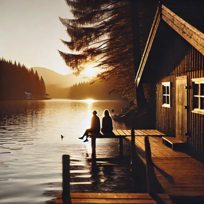 Two women by a lakeside cabin at sunset, sharing a quiet moment on the dock