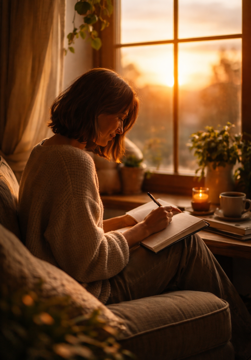 A person sitting quietly by a window at sunset, reflecting in a journal with warm light filling the room