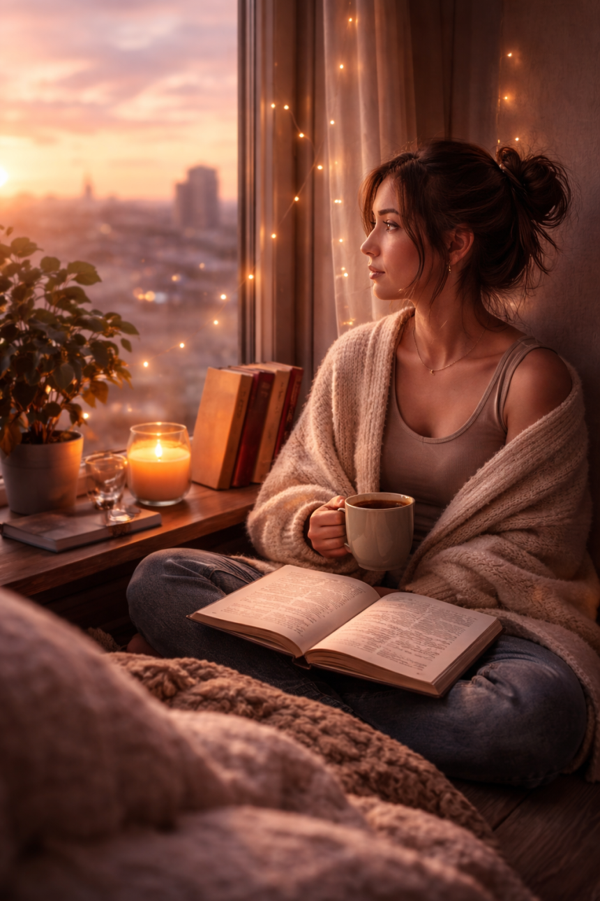 A person sitting quietly by a window in evening light, reflecting with a notebook and a calm, thoughtful expression