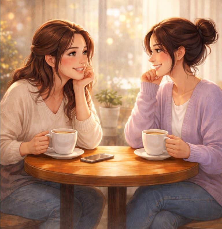 Two women having coffee and a friendly conversation, representing the welcoming community of BiFiles Forum