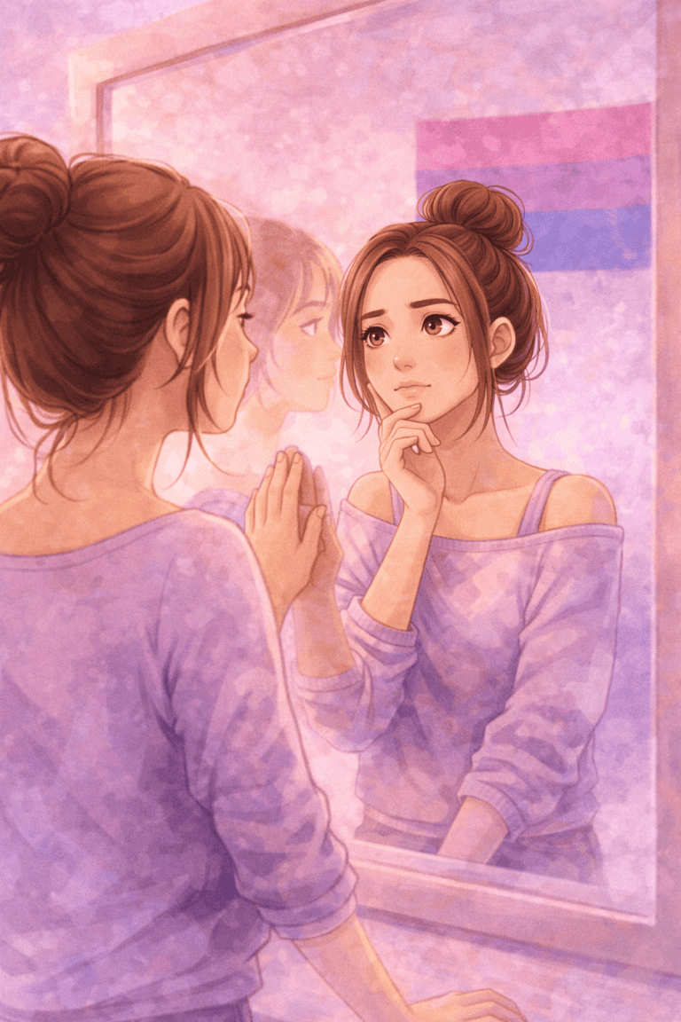 Woman reflecting on whether she might be bisexual in a soft pastel background