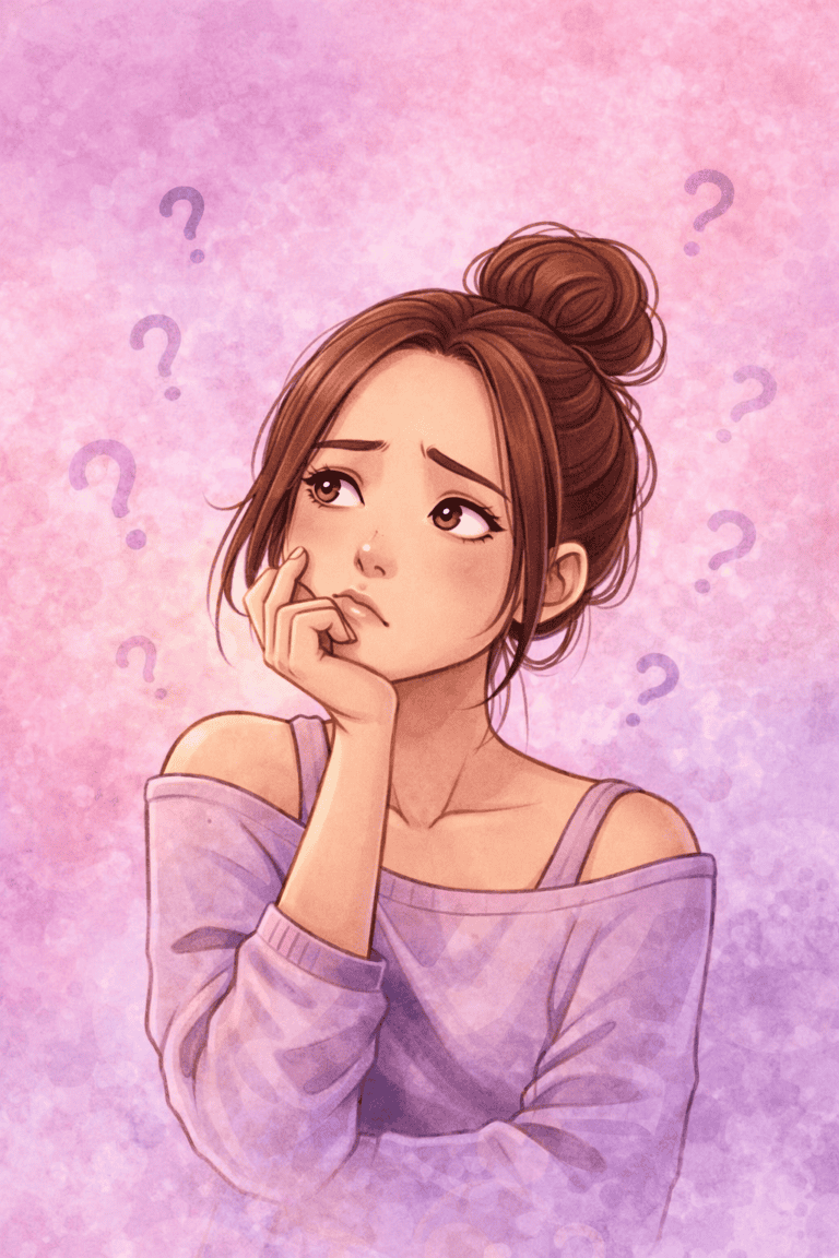 Woman thinking about bisexual questions and identity in a soft pink background
