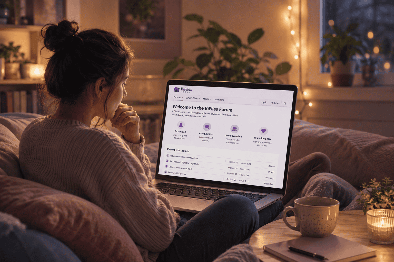 A woman quietly reading the BiFiles Forum on a laptop in a warm and cozy living room.