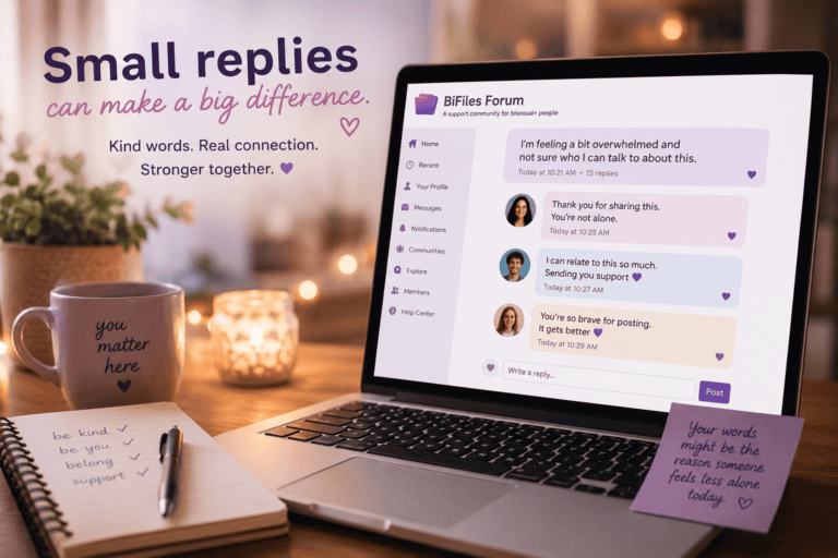Laptop showing supportive small replies in an online community