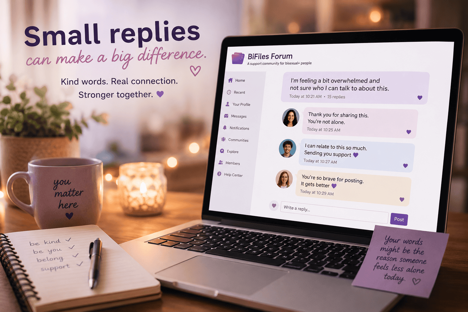 Laptop showing supportive small replies in an online community