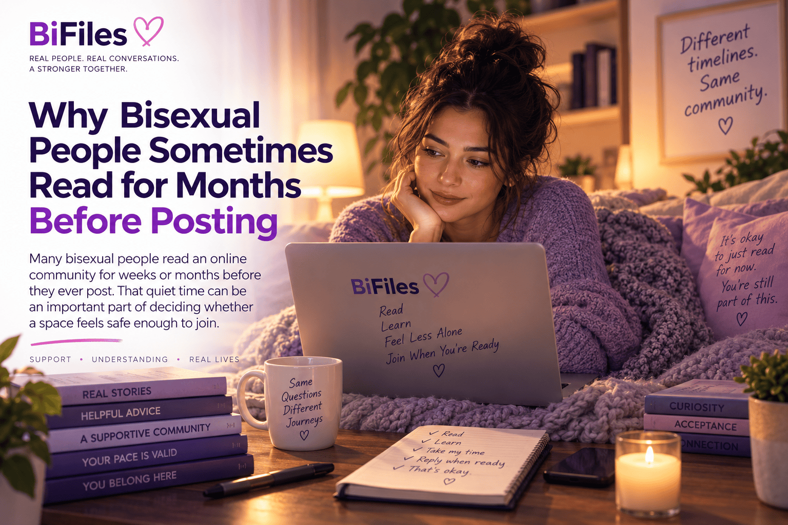 Bisexual community member quietly reading BiFiles on a laptop before feeling ready to post