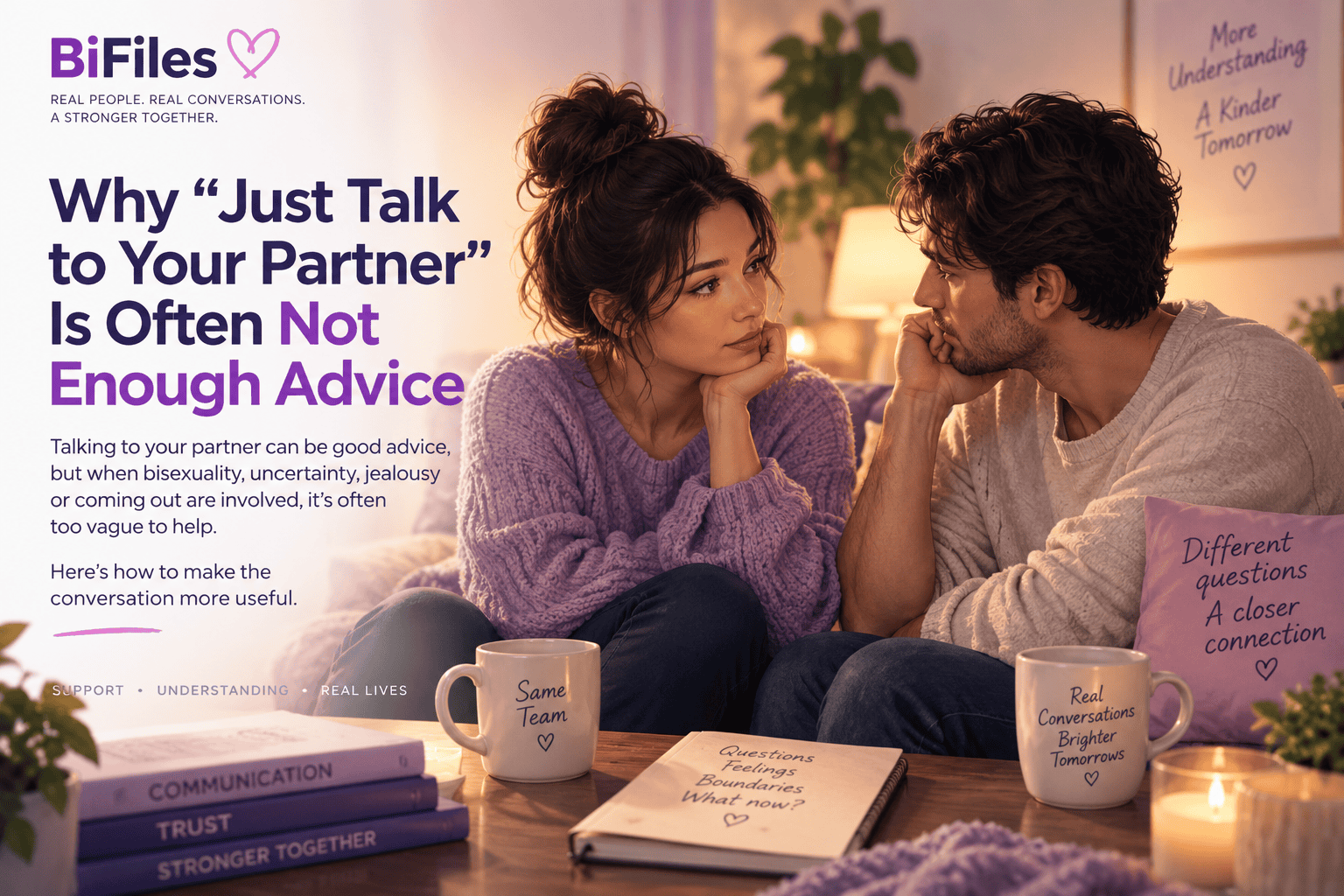 Couple having a thoughtful conversation about bisexuality, jealousy, uncertainty and relationship communication